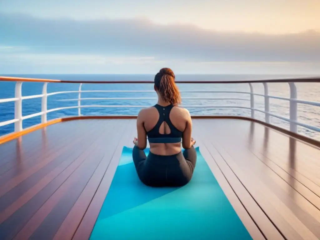 Yoga en cruceros marítimos ecofriendly: Deck sereno con vista al mar turquesa, sol dorado y esterilla de yoga