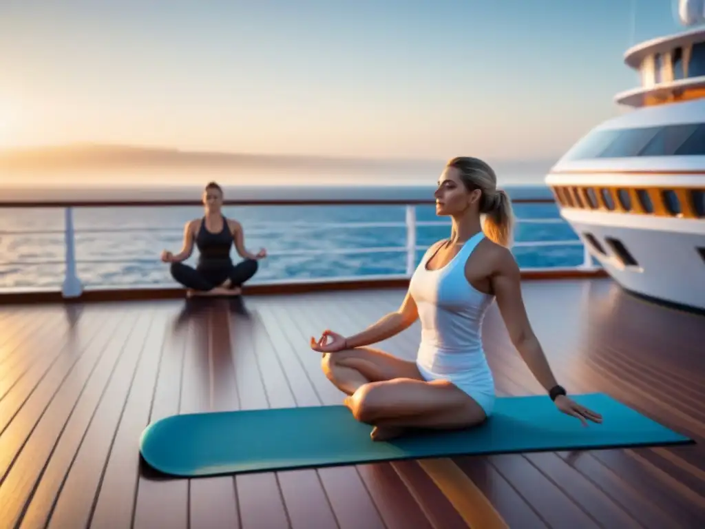 'Yoga en cruceros marítimos ecofriendly: sesión serena al amanecer en cubierta, rodeada de tranquilidad oceánica y luz dorada