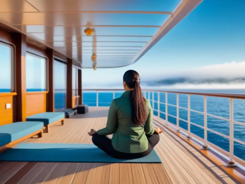 Meditación en cruceros marítimos: Persona serena practicando mindfulness en cubierta, rodeada de océano y cielo azul