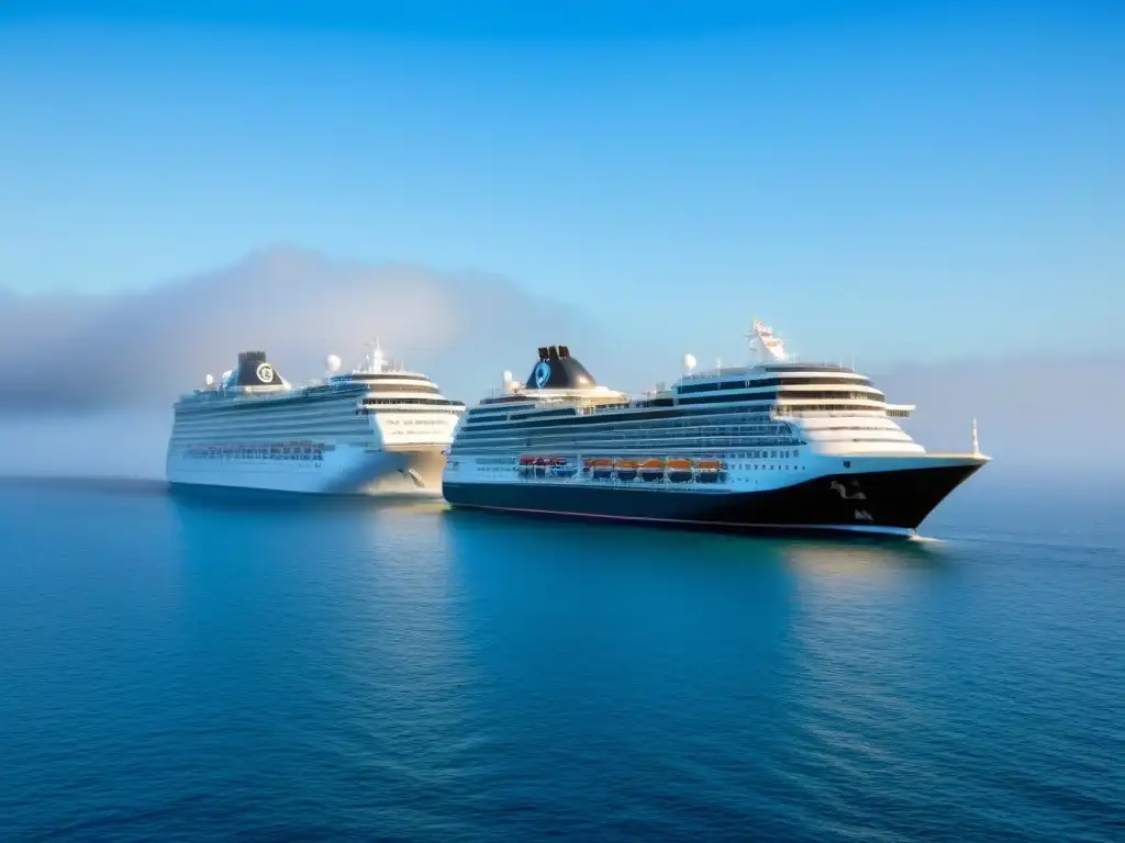 Dos cruceros modernos navegan juntos en aguas tranquilas bajo un cielo azul, reflejándose sutilmente en el agua