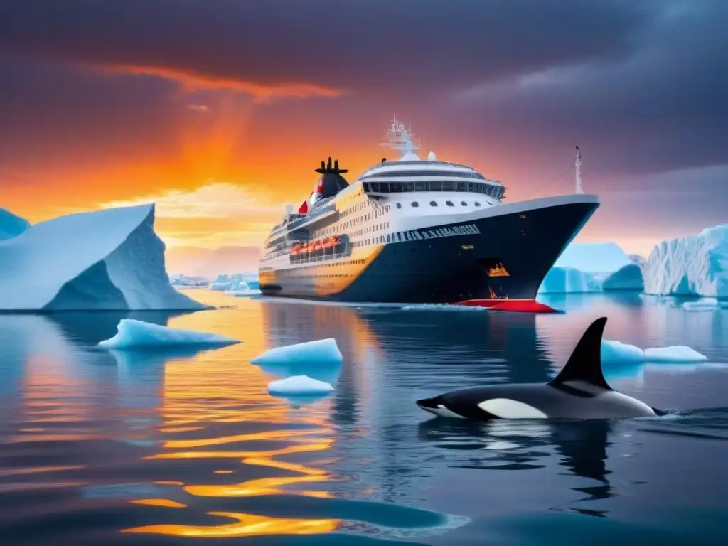 Cruceros polares aventura siglo: Moderno barco explorando aguas árticas entre icebergs y orcas al atardecer