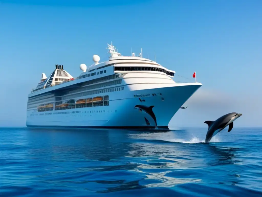 Cruceros sostenibles ecoturismo alta mar: Nave ecológica surca aguas tranquilas con delfines juguetones bajo cielo azul