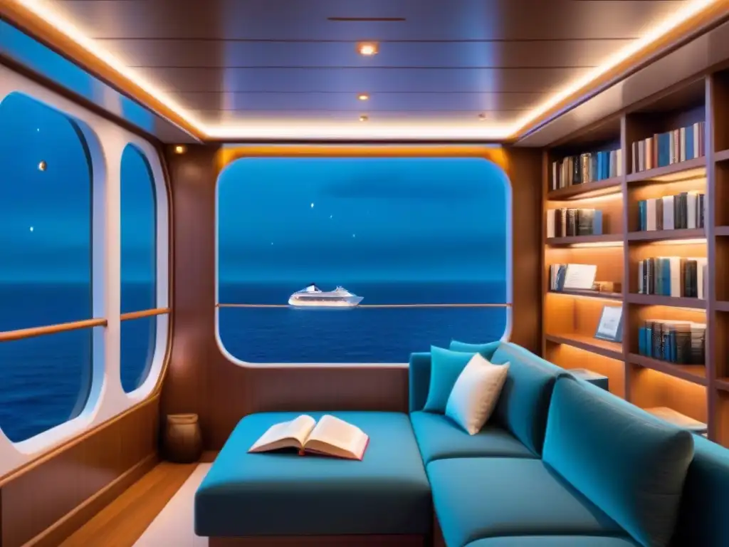 Cruceros temáticos para amantes de libros: un crucero de lujo navegando bajo un cielo estrellado, con una biblioteca acogedora en la cubierta