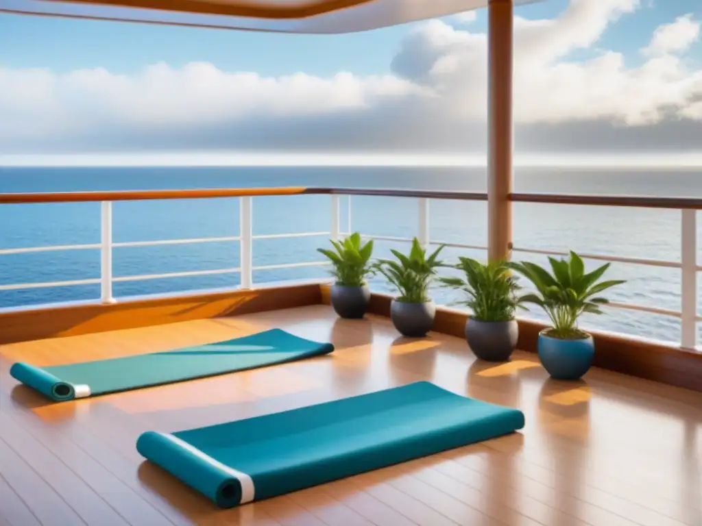 Una cubierta de yoga serena en crucero con diseño minimalista, suelos de madera, paredes blancas y vista al mar