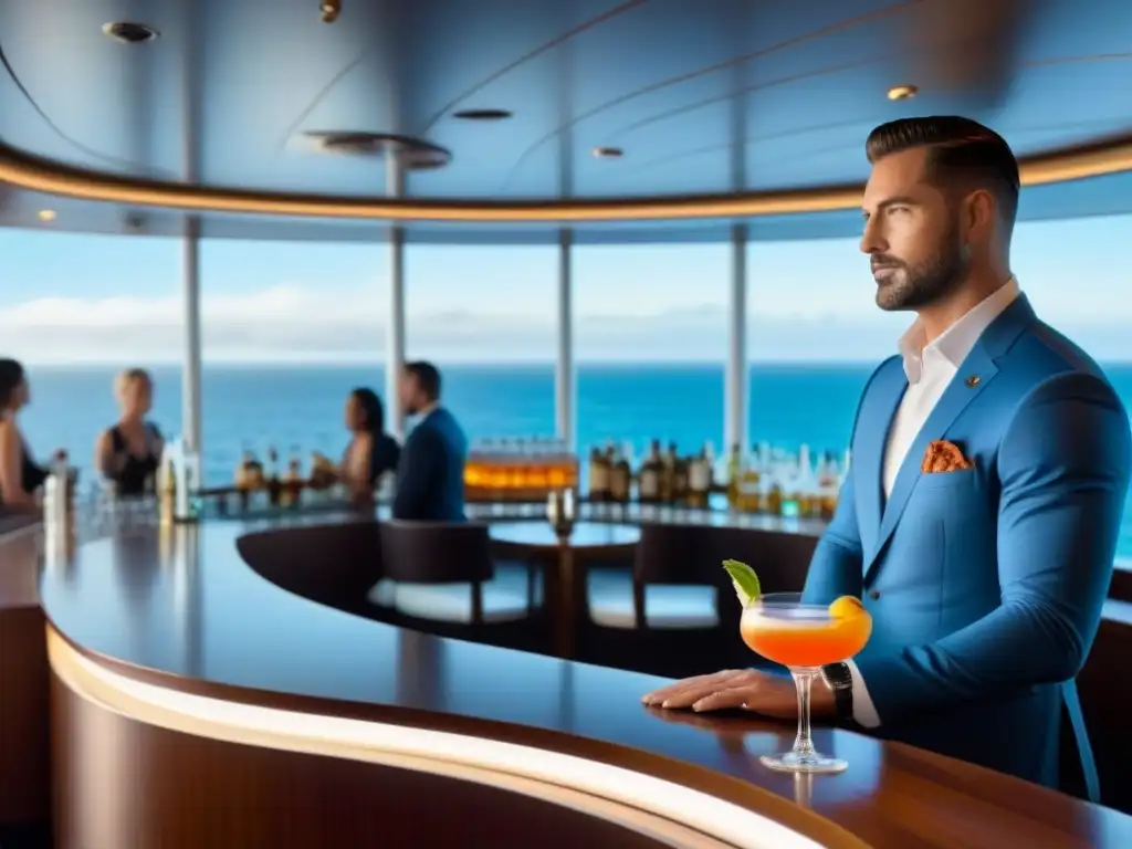 Bar de lujo en crucero: clase de coctelería con vista al mar Curso de mixología en un lujoso bar de crucero con vista al mar, pasajeros atentos