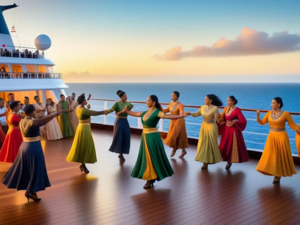 Una danza cultural única en crucero con diversidad de pasajeros celebrando al atardecer en alta mar