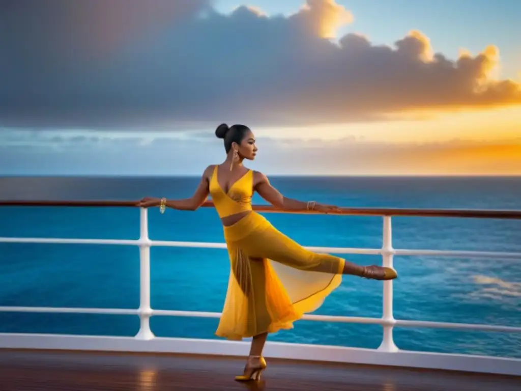 Una danzarina se mueve con gracia en el crucero al atardecer, capturando la esencia de las danzas tradicionales