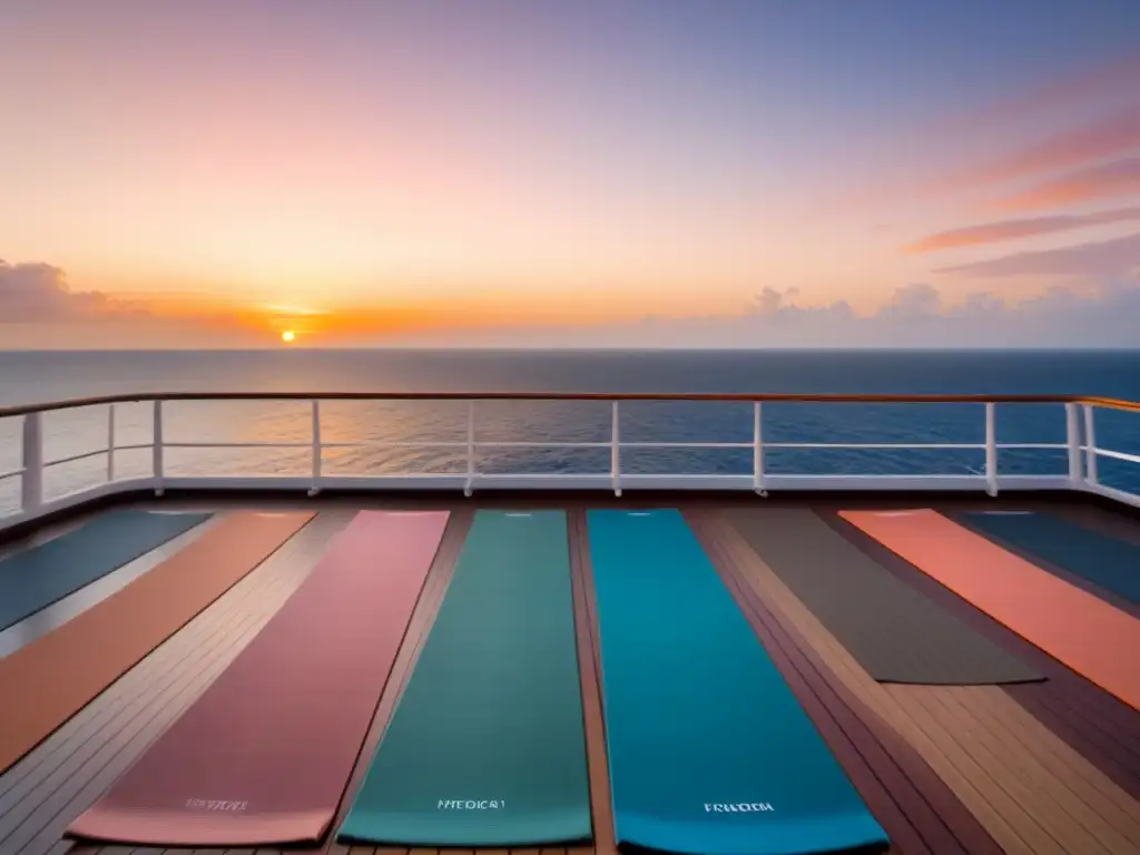 Un deck de yoga en un crucero al atardecer, con olas suaves y un cielo pastel