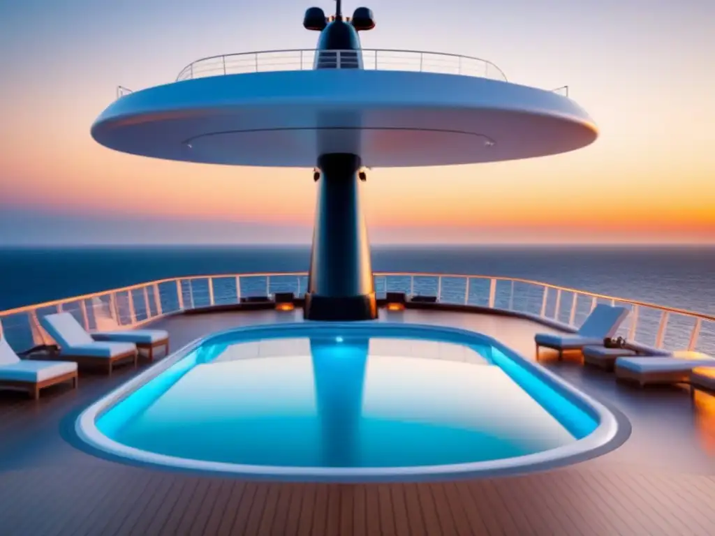 Deck de crucero de lujo al atardecer, con piscina infinita, pasajeros elegantes y cócteles