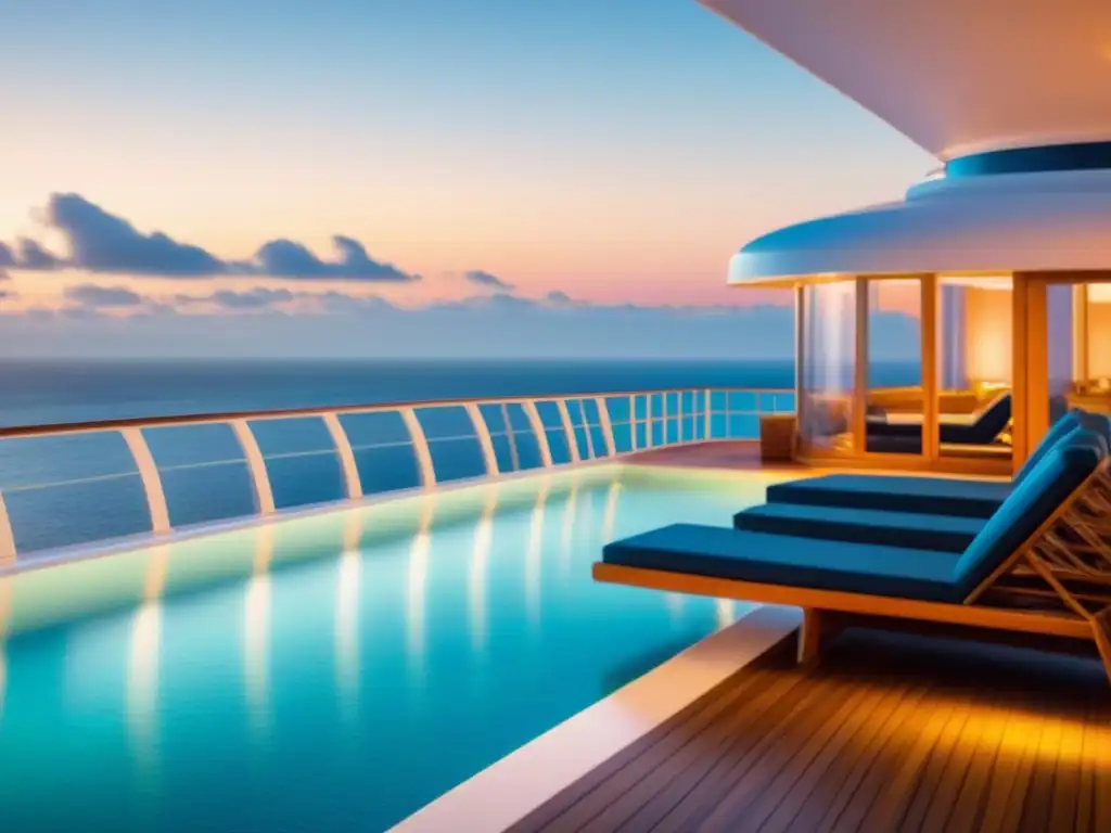 Deck de crucero de lujo al atardecer con amenidades premium