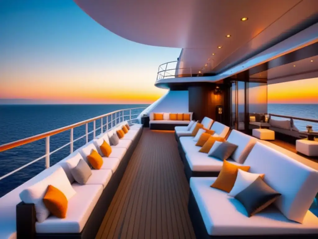 Deck de crucero de lujo al atardecer, con amenidades premium, diseño moderno y ambiente cálido