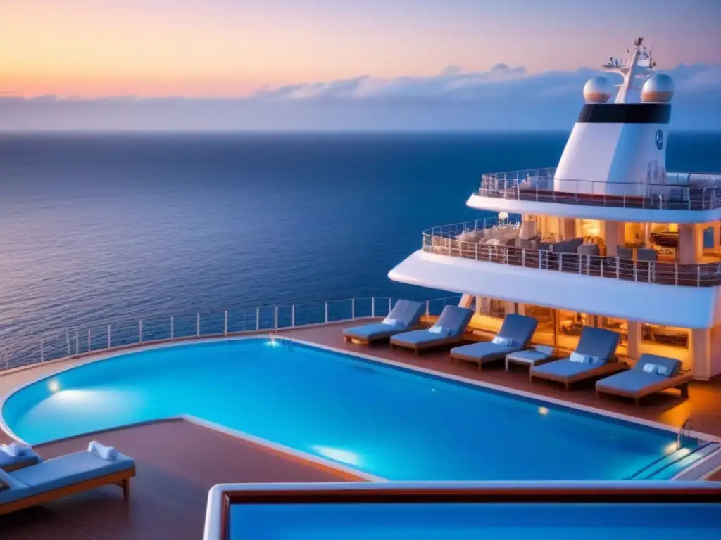 Deck de crucero de lujo al atardecer con piscina reluciente y huéspedes disfrutando, seguro de crucero lujo necesidad