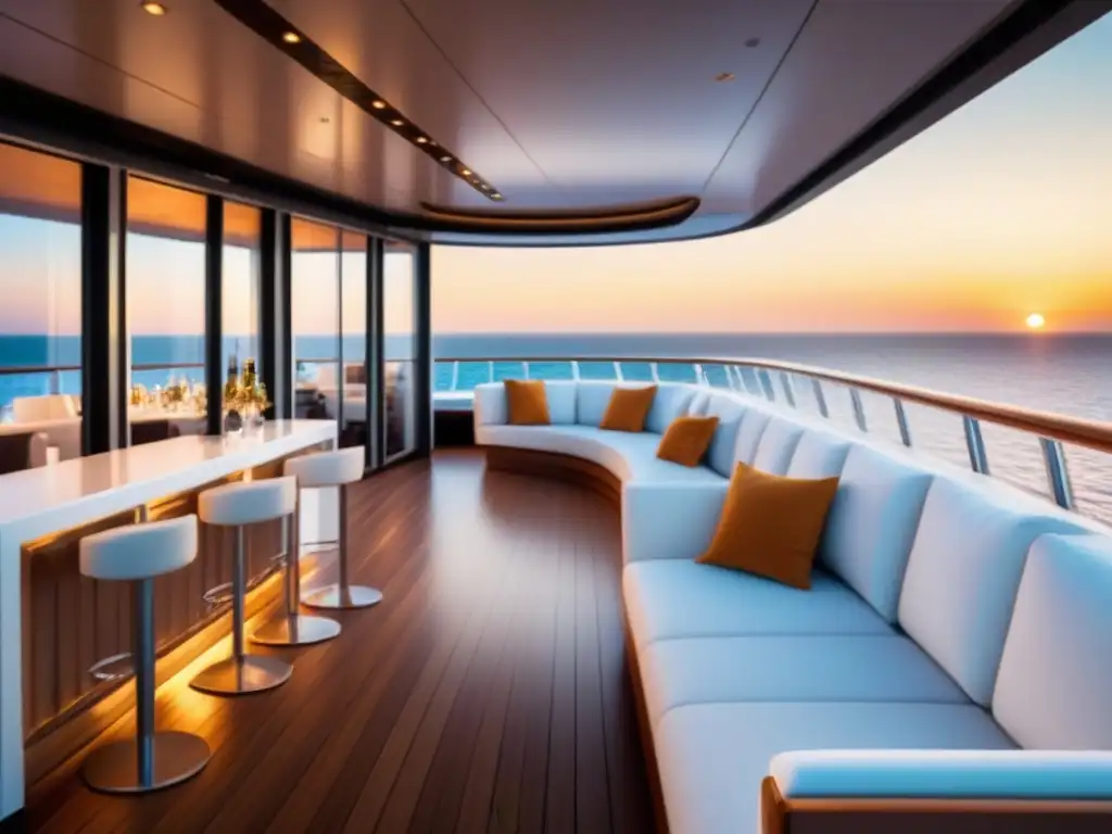 Deck de crucero de lujo al atardecer con diseño moderno y elegante, ventanas de cristal, muebles blancos y bar exterior