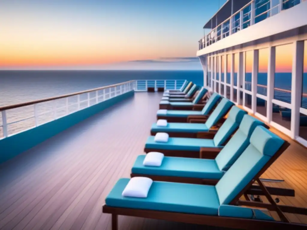 Deck de crucero vacío al atardecer, reflejando tranquilidad y prevención contagio en cruceros marítimos