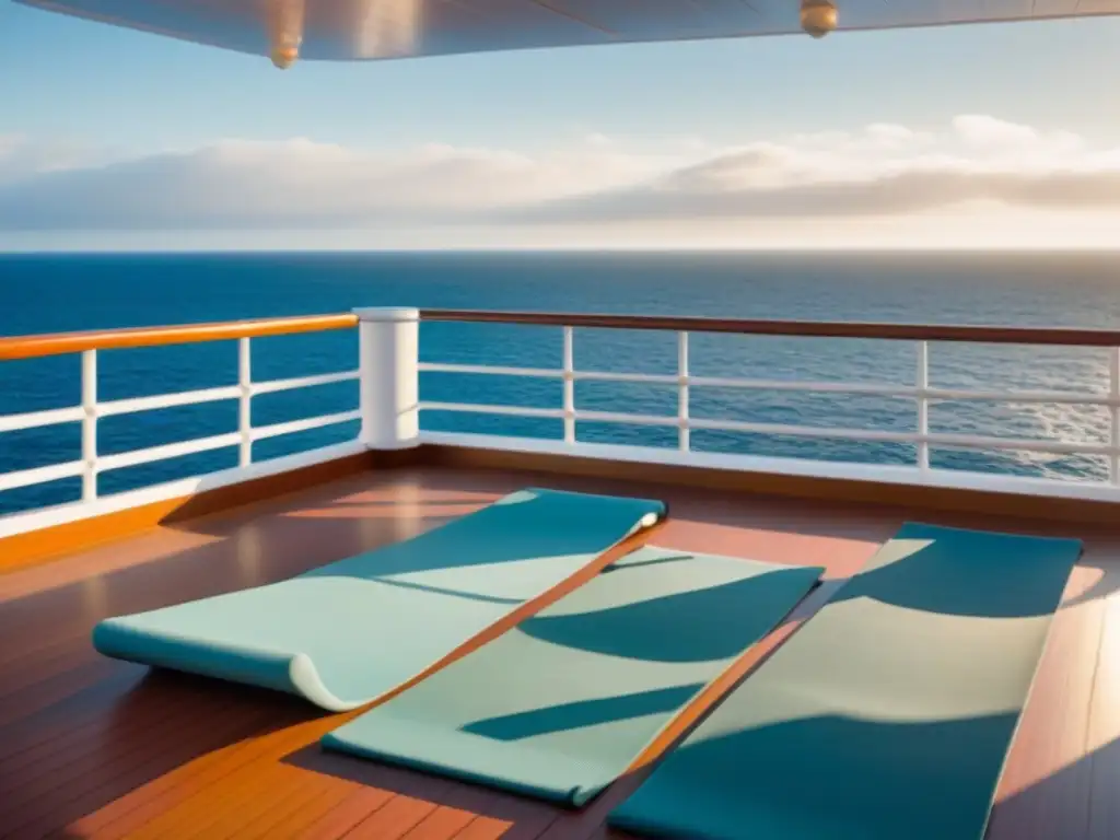 Un deck de yoga sereno en crucero, con vista al mar y rollitos de yoga