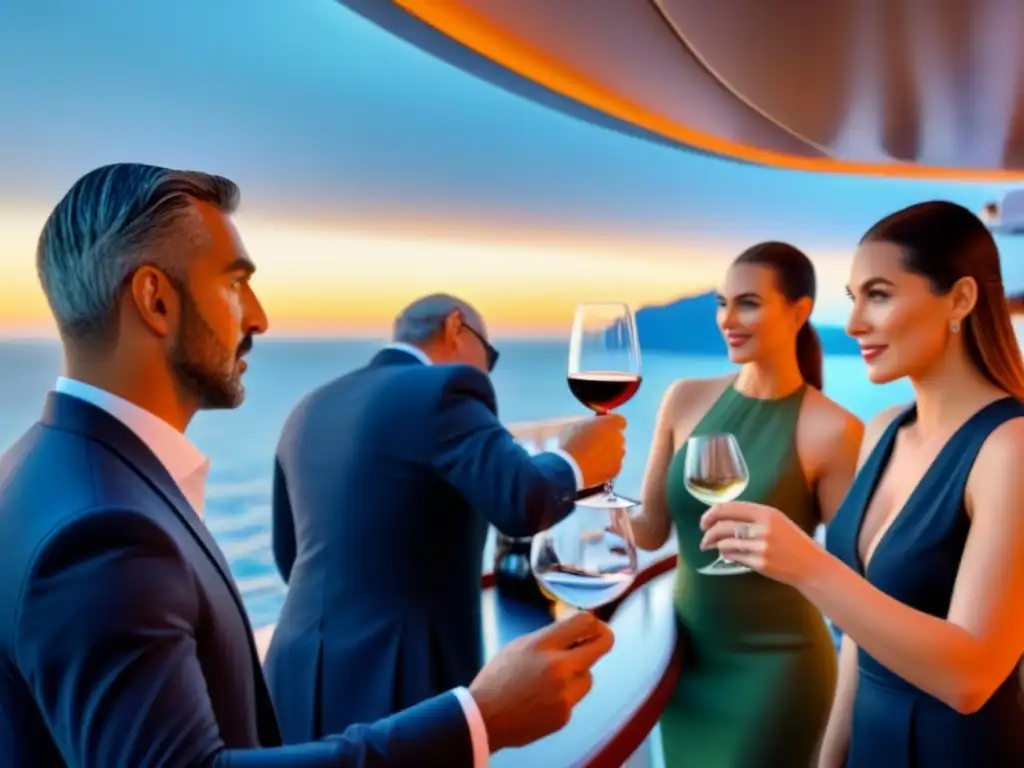 Degustación de vinos exclusivos en crucero de lujo al atardecer, con elegantes copas y botellas, invitados elegantes disfrutando