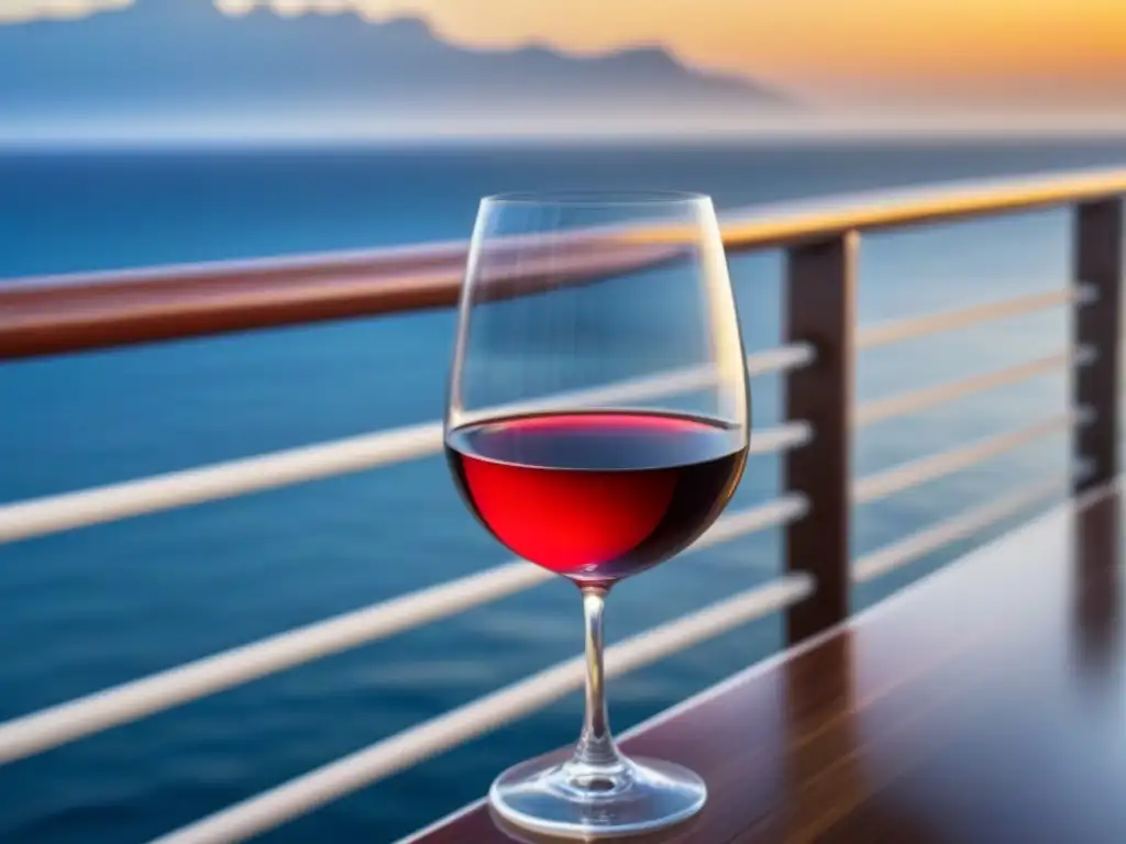 Degustaciones de vino en cruceros: copa de vino tinto en elegante crucero al atardecer