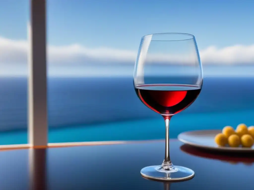 Degustaciones de vino en cruceros: Elegante copa de vino tinto en un lujoso crucero, con vistas al mar sereno y cielo azul