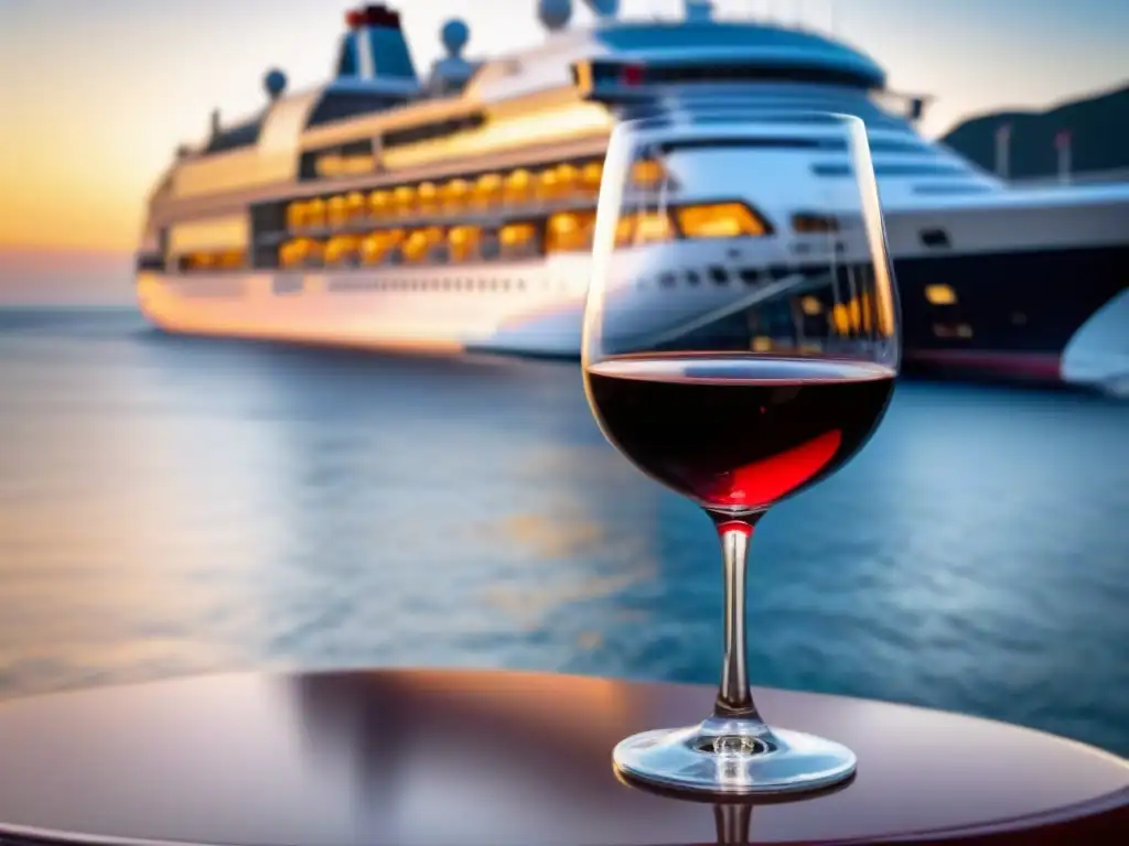 Degustaciones de vino en cruceros: Un elegante vaso de vino tinto en cubierta de barco al atardecer