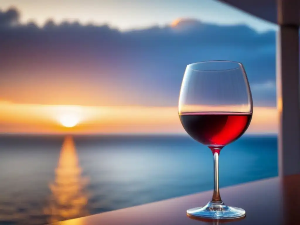 Degustaciones de vino en cruceros: copa elegante con vino tinto en un lujoso barco al atardecer