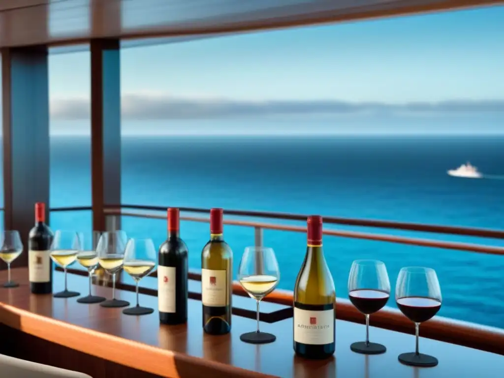 Degustaciones de vino en cruceros: Elegantes botellas de vino en barco de lujo frente al mar