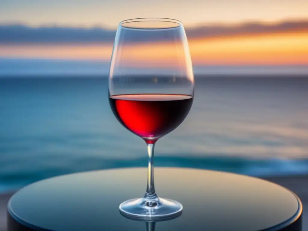 Degustaciones de vino en cruceros: Un vaso de vino tinto en un elegante escenario de océano al atardecer, evocando lujo y tranquilidad