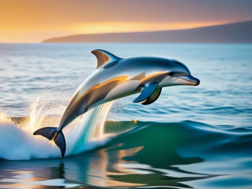 Un delfín robótico futurista salta elegante del agua al atardecer, reflejando la robótica en espectáculos marinos