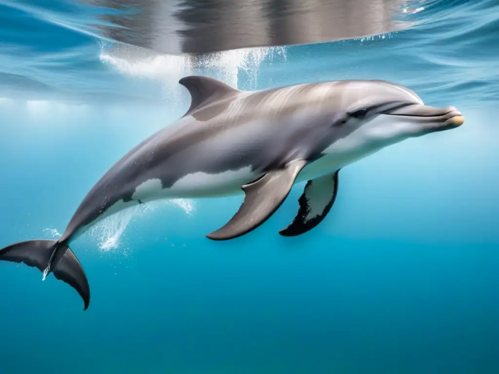 Fotografiar delfines en movimiento: Imagen minimalista de un elegante delfín saltando con gracia, rodeado de gotas de agua suspendidas