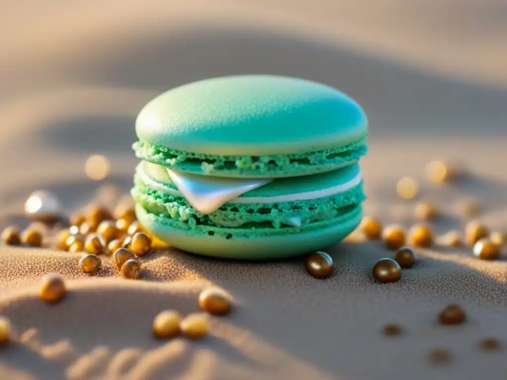 Delicado macaron verde marino con perla, azúcar y arena dorada