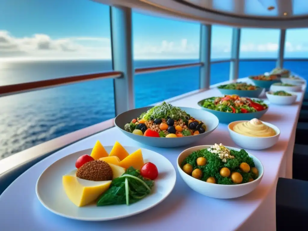 Delicias veganas y vegetarianas a bordo: una elegante y colorida presentación de platillos frescos en un lujoso crucero