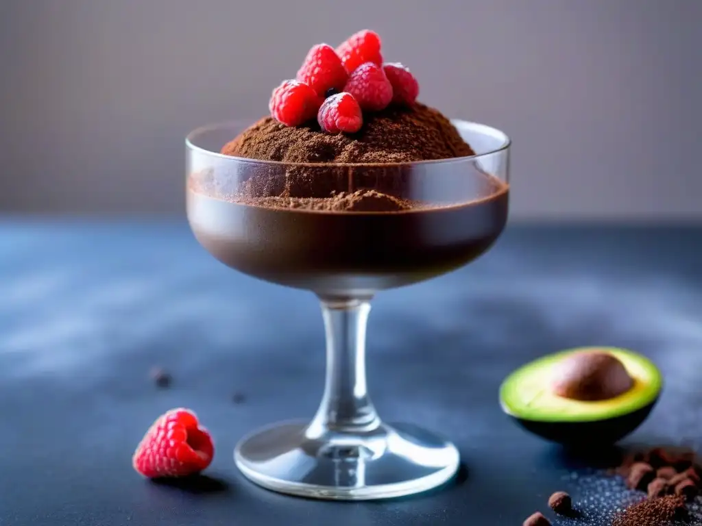 Deliciosa mousse de aguacate y chocolate con frambuesas, presentada en vaso transparente