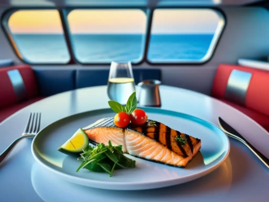 Deliciosa cena keto en crucero: salmón, aguacate y ensalada en elegante mesa con vista al mar