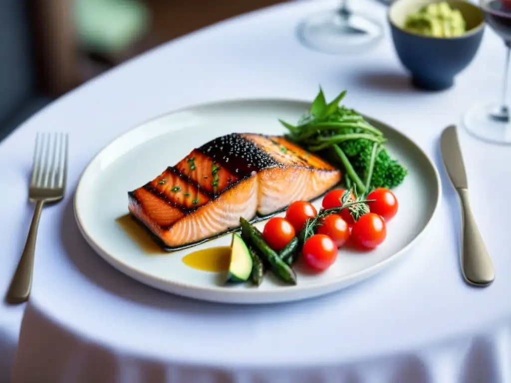 Una deliciosa cena saludable en cruceros: salmón a la parrilla, ensalada de quinoa y vegetales asados con reducción balsámica