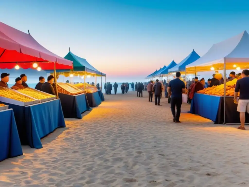 Delicioso festival gastronómico marítimo con coloridos puestos de comida, mariscos frescos y multitud animada junto al mar