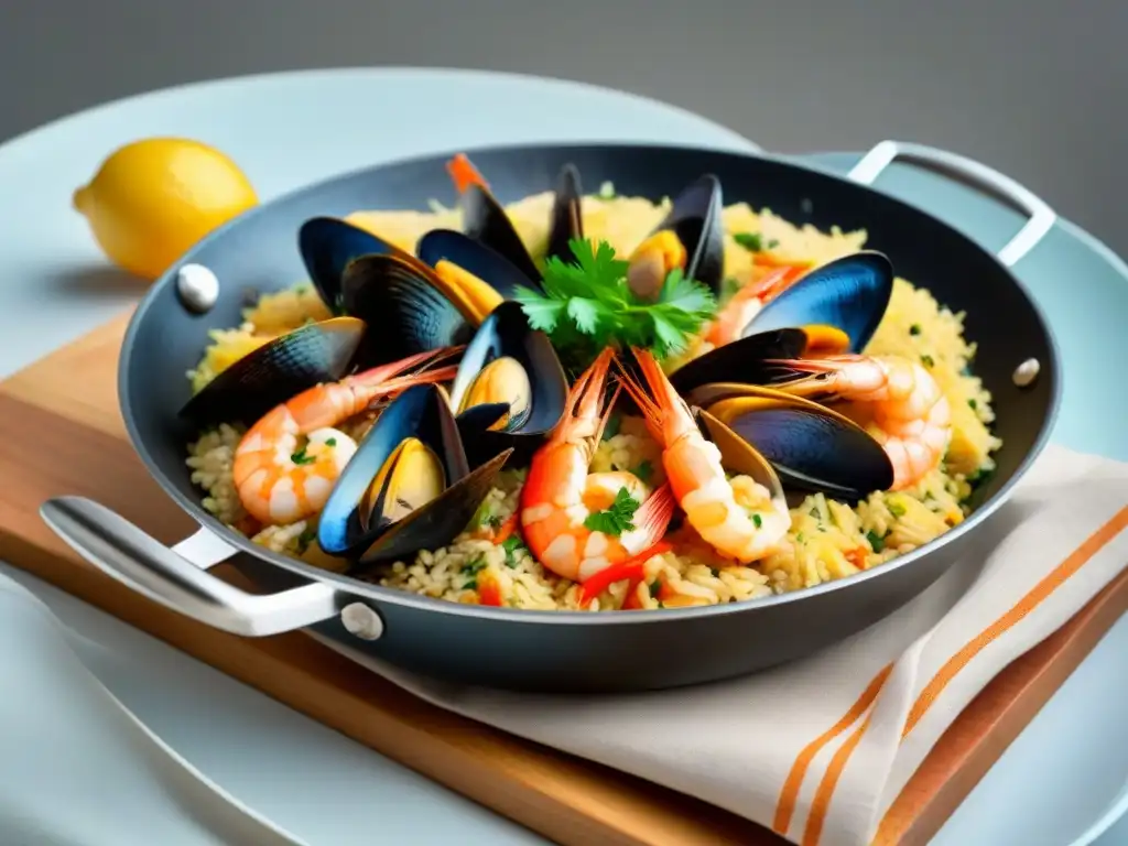 Delicioso plato de paella marítima con mariscos frescos y arroz de azafrán, decorado con limón y perejil