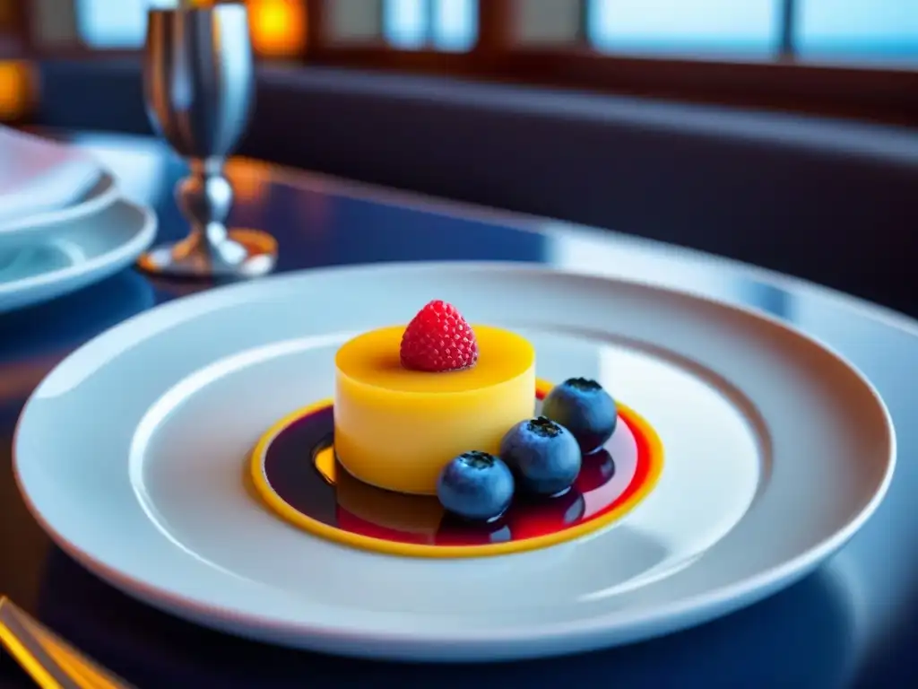 Delicioso postre innovador en crucero marítimo, presentado con elegancia y fusión de sabores y texturas vibrantes