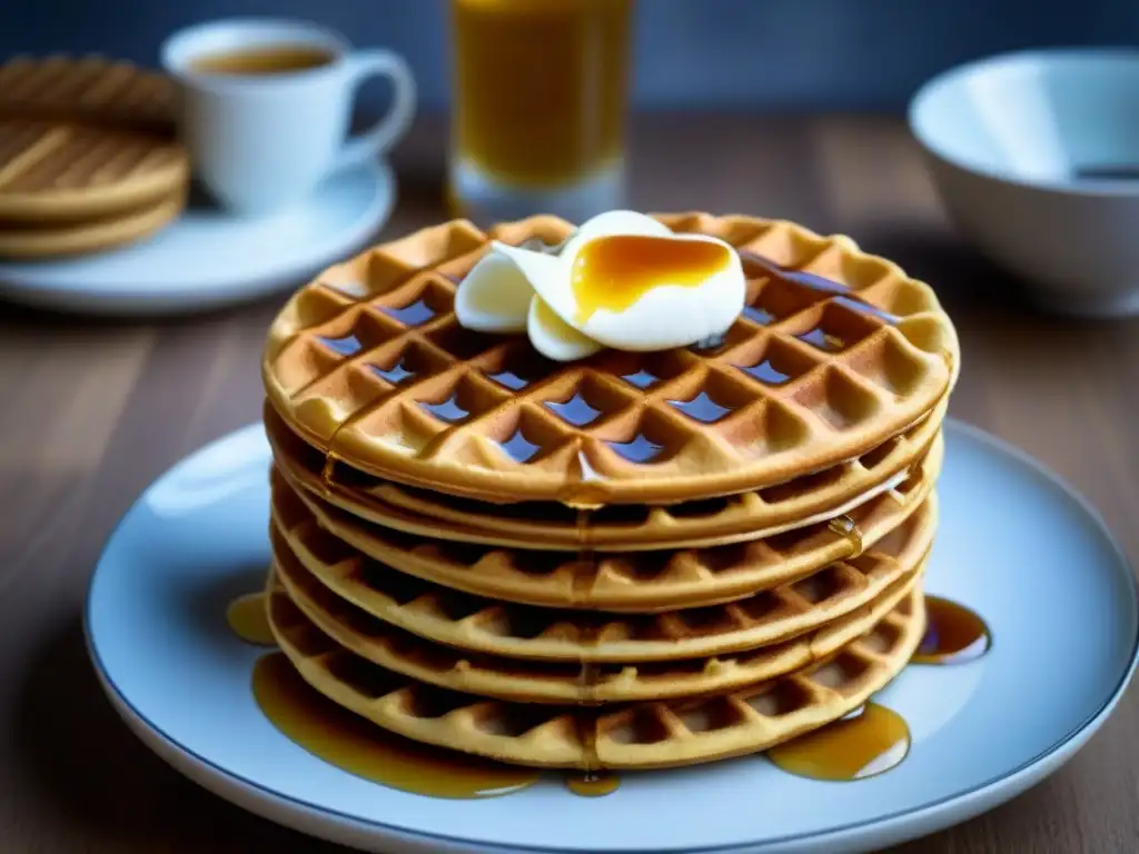 Delicioso stroopwafel holandés con caramelo dorado en plato de porcelana, en cocina moderna