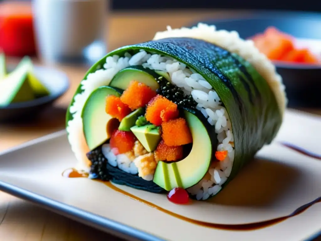 Delicioso sushi burrito fusionando sabores japoneses y mexicanos en un plato detallado