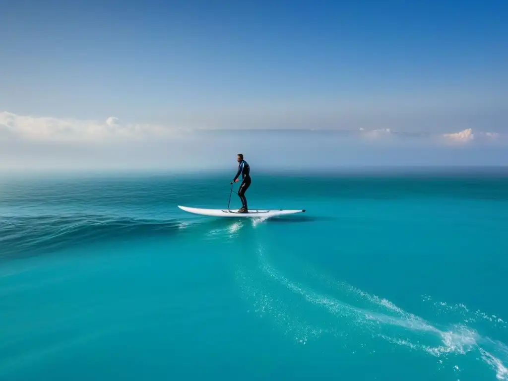 Deportes acuáticos con hidroalas: Futurista surf en hidroala sobre aguas turquesas bajo cielo despejado