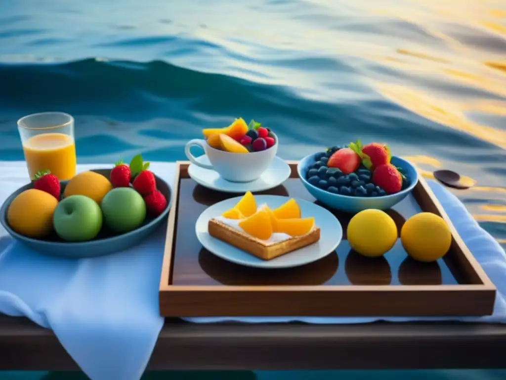 Un desayuno en el océano: bandeja de madera con frutas frescas, pastelería y café, bajo el cálido sol matutino y gaviotas