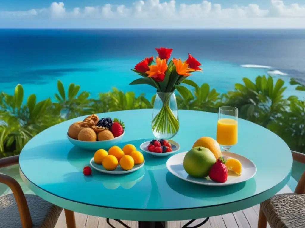 Desayunos en el océano: Mesa redonda de madera sobre aguas turquesas, con frutas, flores y pastelería, bañada en luz matutina