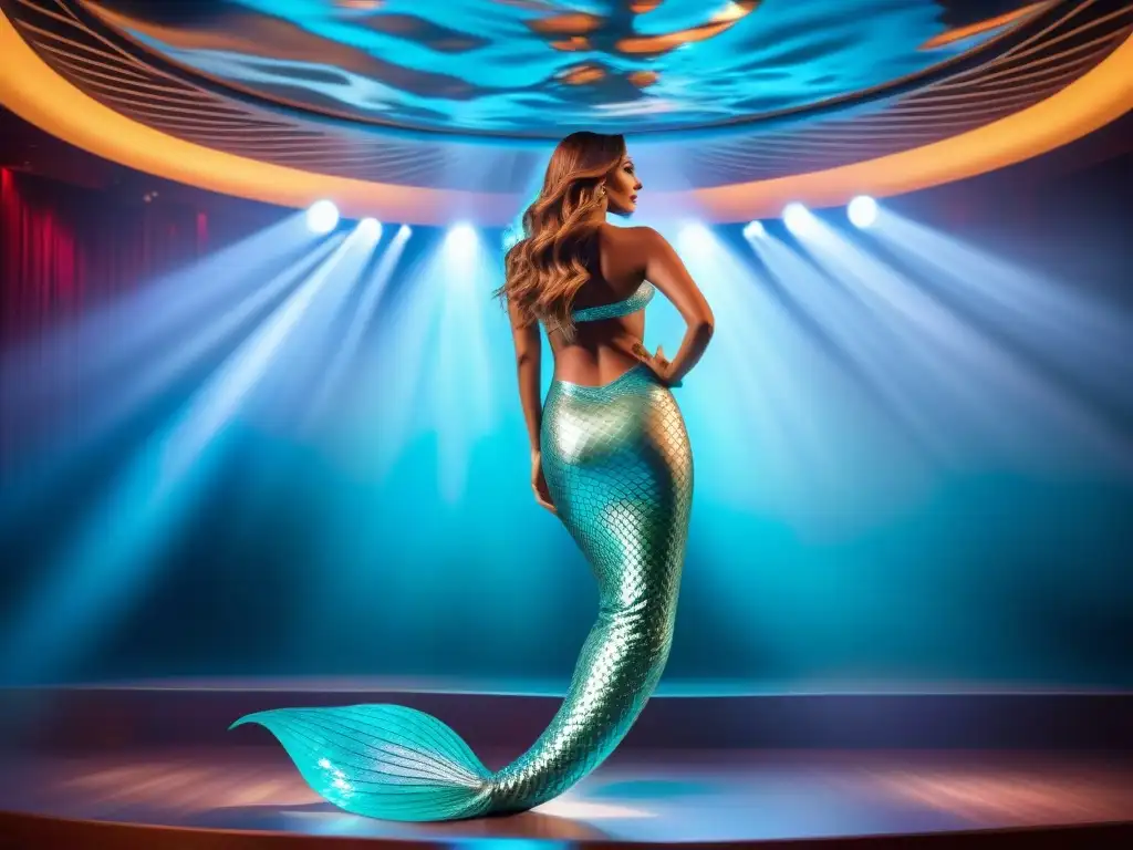 Deslumbrante holograma de sirena en un teatro de crucero, tecnología efectos especiales shows cruceros