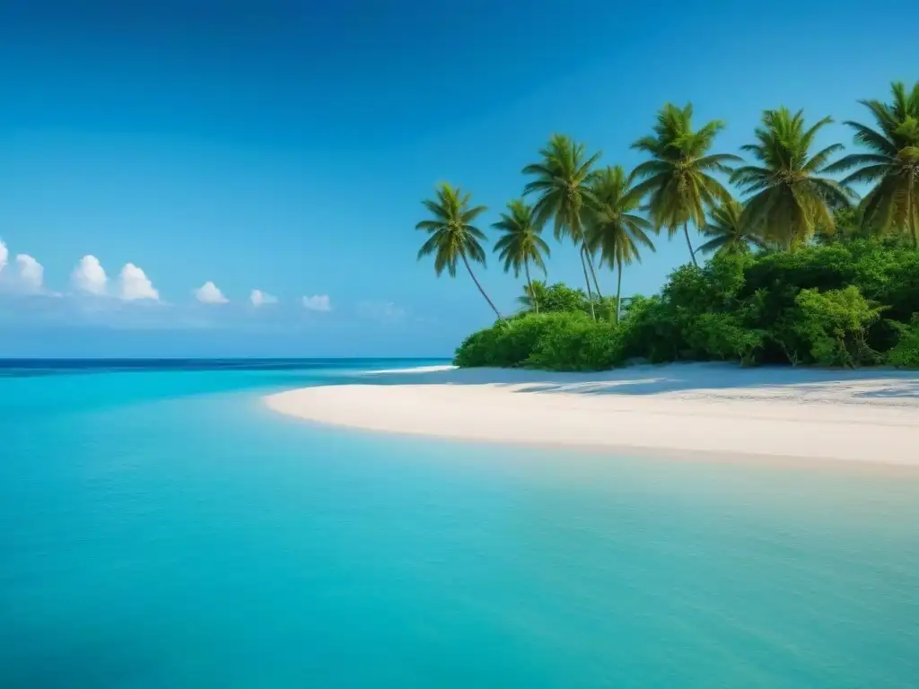 Destino ecoamigable menos conocido: isla escondida con aguas turquesa, playa blanca y palmeras verdes bajo cielo azul