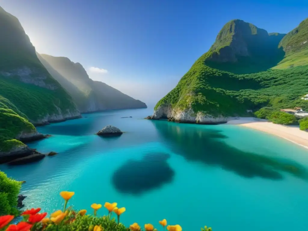 Destino oculto en ruta de crucero: tranquila cala con aguas turquesas, acantilados verdes y flores vibrantes al atardecer