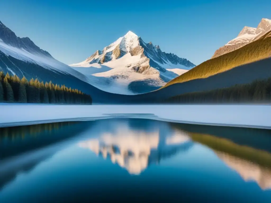 Explora destinos inaccesibles con esta imagen: montaña helada reflejada en lago, cielo azul y águila majestuosa