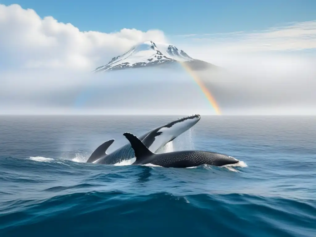 Ilustración detallada en blanco y negro de un vasto océano sereno con una majestuosa ballena jorobada saltando rodeada de vida marina