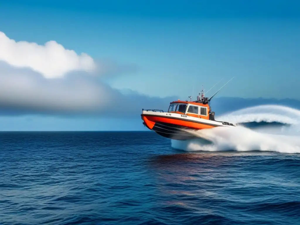 Detallada imagen de un bote salvavidas blanco suspendido en el aire, resaltando funciones y mantenimiento, sobre el mar sereno y cielo azul