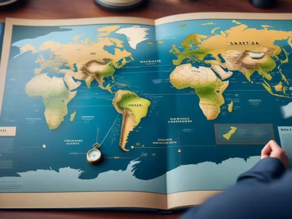 Ilustración detallada y minimalista de la evolución tecnológica en navegación marítima, desde antiguos mapas y brújulas hasta sistemas GPS modernos