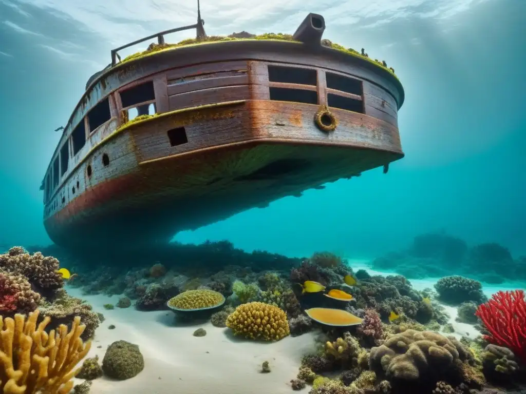 Ilustración detallada de un naufragio rodeado de arrecifes de coral vibrantes y vida marina, impactados por el cambio climático