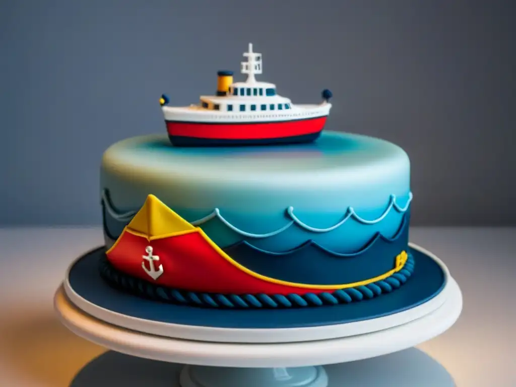Pastel de crucero decorado con elegancia y detalle Detallada tarta de crucero en plato blanco, arte en fondant y glaseado real, ideal para recetas de pastelería en cruceros